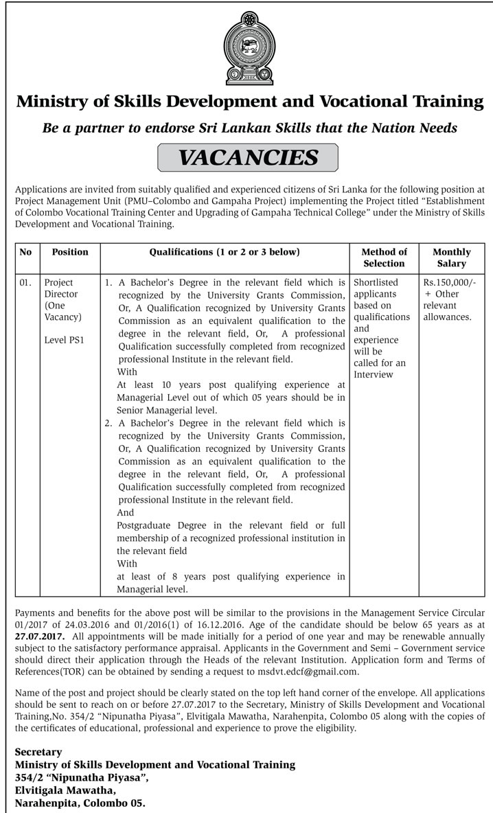 Project Director - Ministry of Skills Development & Vocational Training